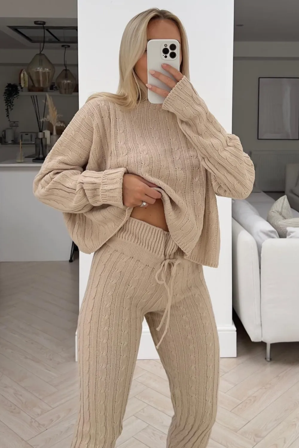 Bailey beige off shoulder cable knit coord