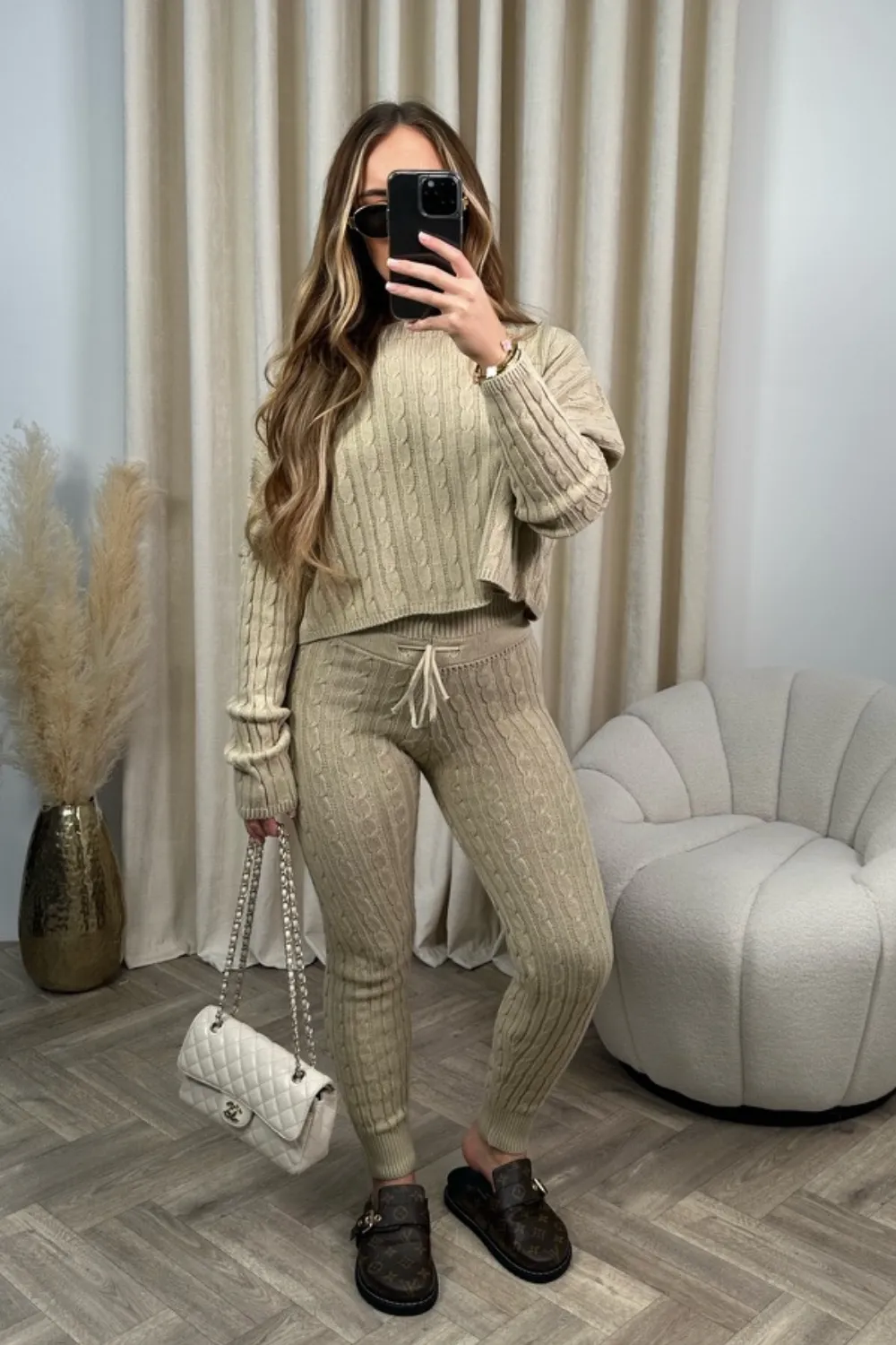 Bailey beige off shoulder cable knit coord