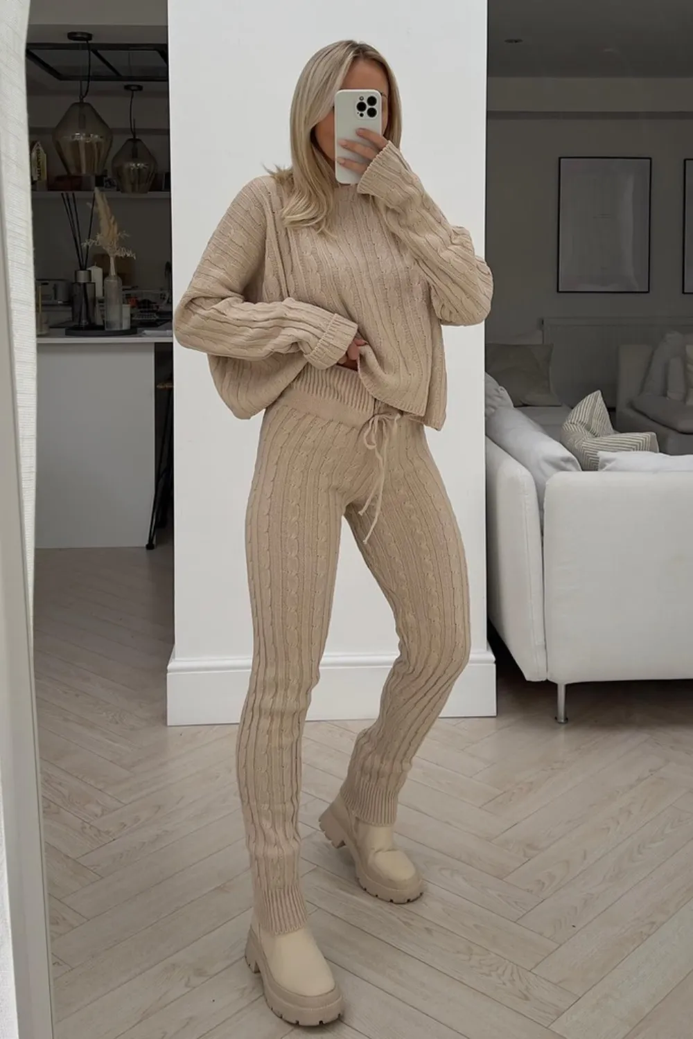 Bailey beige off shoulder cable knit coord