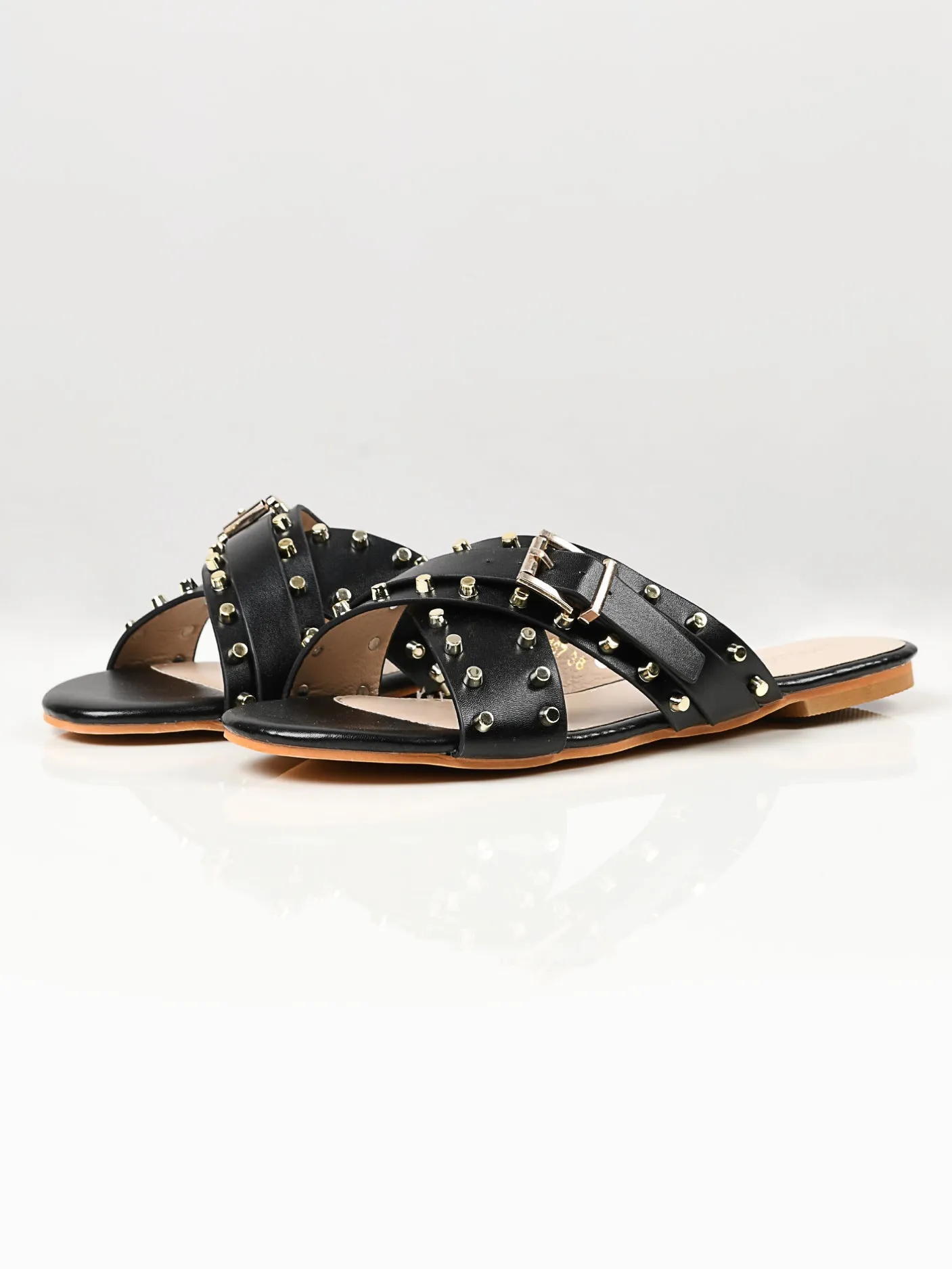 Crisscross Studded Flats - Black