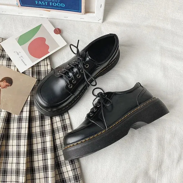 Hnzxzm Low Heels Womens Derby Shoes Clogs Platform Female Footwear Autumn Leather New Retro Creepers Dress Fall Rome Med PU Fabric Rubb