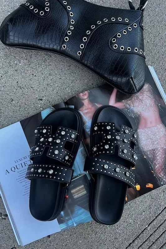 NEW!! The Studded Lowkey Famous Slide in Black