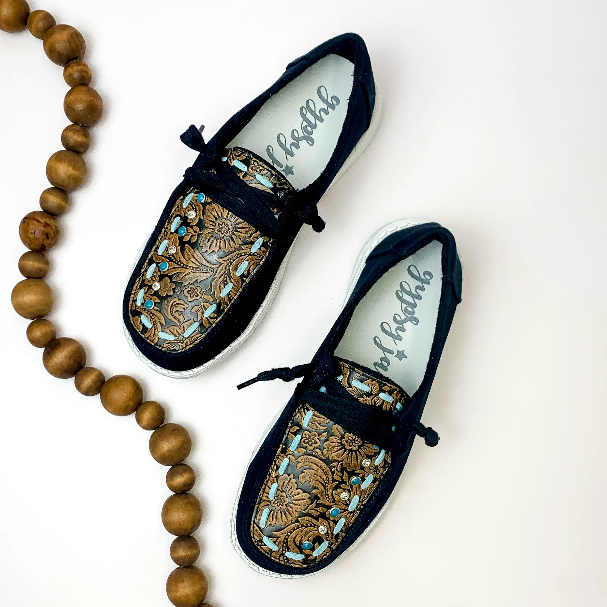 Very G | Have To Run Tooled Leather Upper Slip On Loafer with Blue Stitching in Black