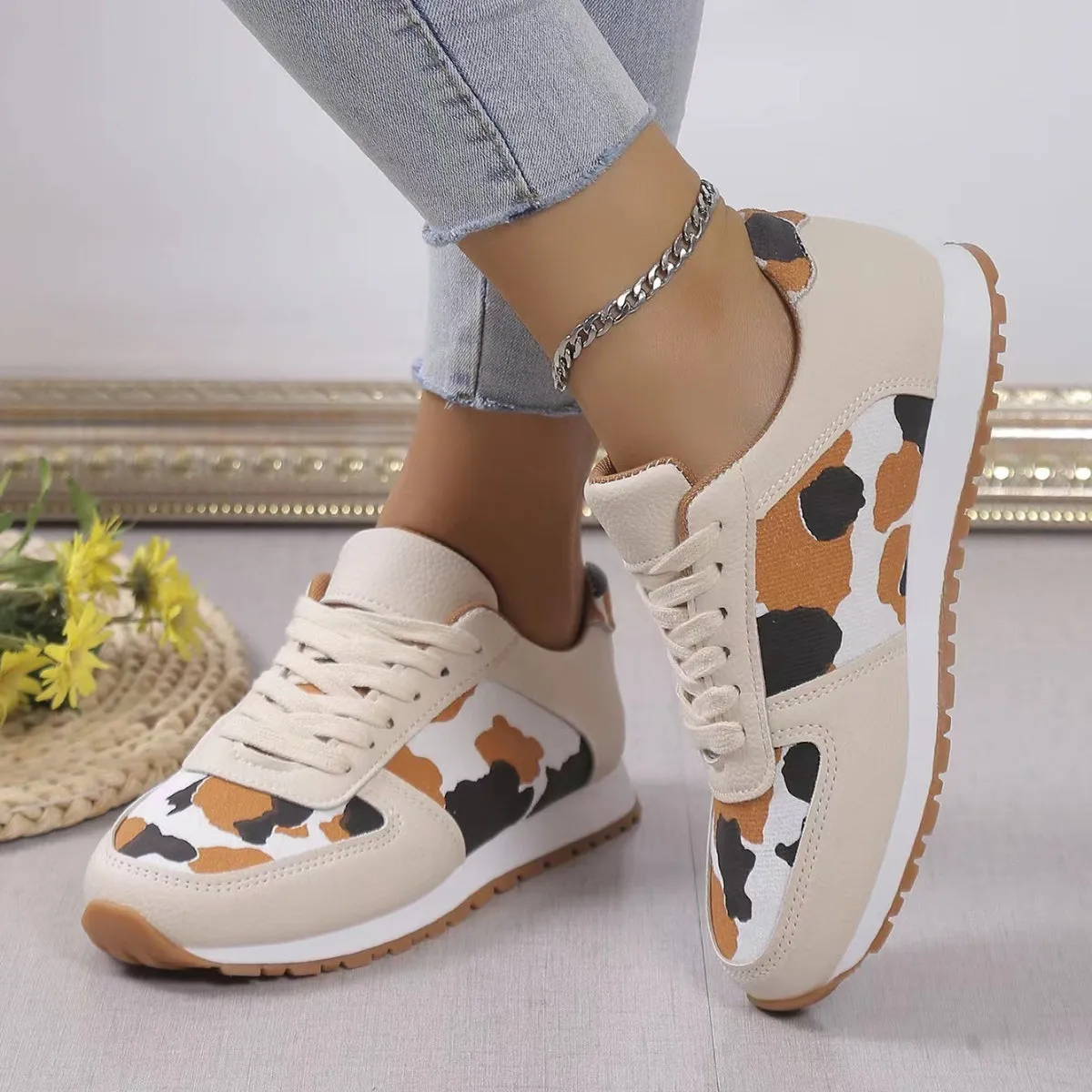 Women's Animal Print Lace Sneakers