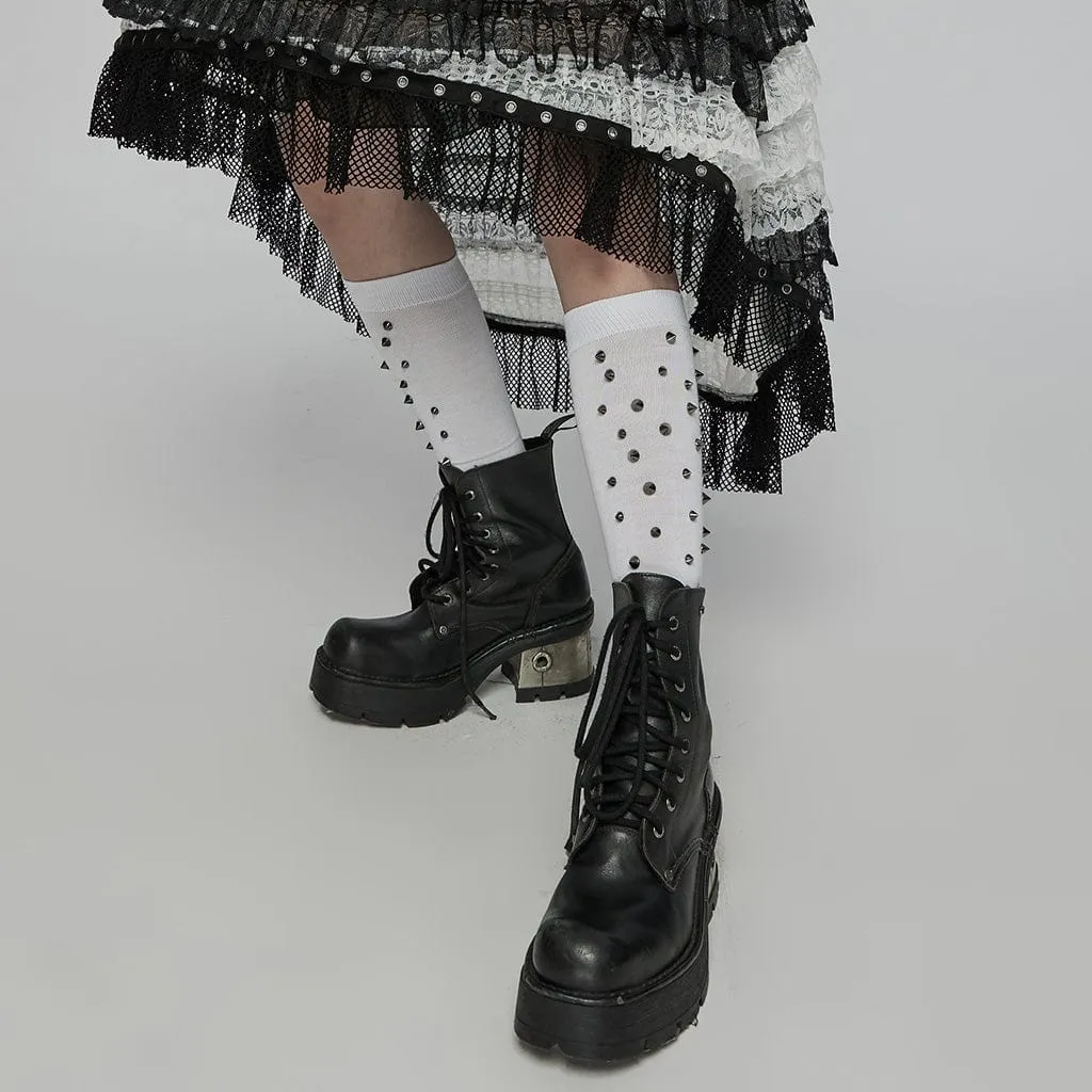 Women's Punk Studded Knee-high Socks White